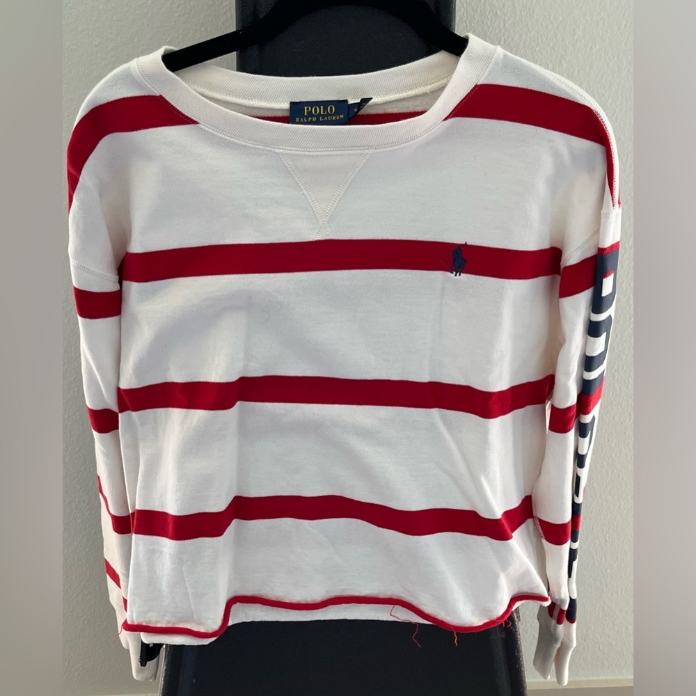 POLO Ralph Lauren long sleeve sweatshirt feel red and cream navy POLO-USA sleeve